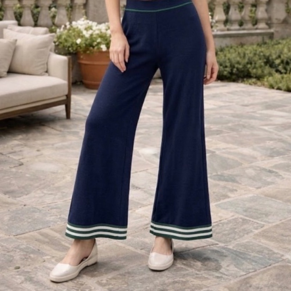 Caroline Constas Navy Blue Knit Wide Leg Pants Green White Striped Trim Size M